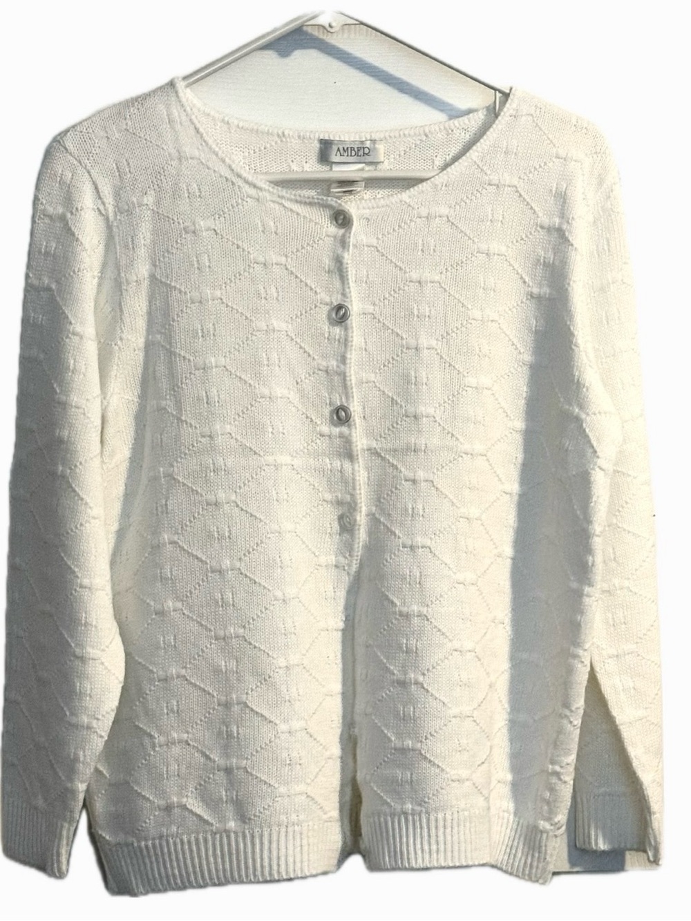AMBER White Geometric Knit Cardigan Sweater Medium Missing One Button